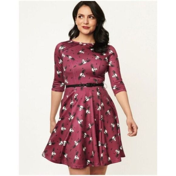 Corpse Bride x Unique Vintage Dress Medium Wine &‎ Flying Skulls Stephanie Flare - Picture 1 of 14